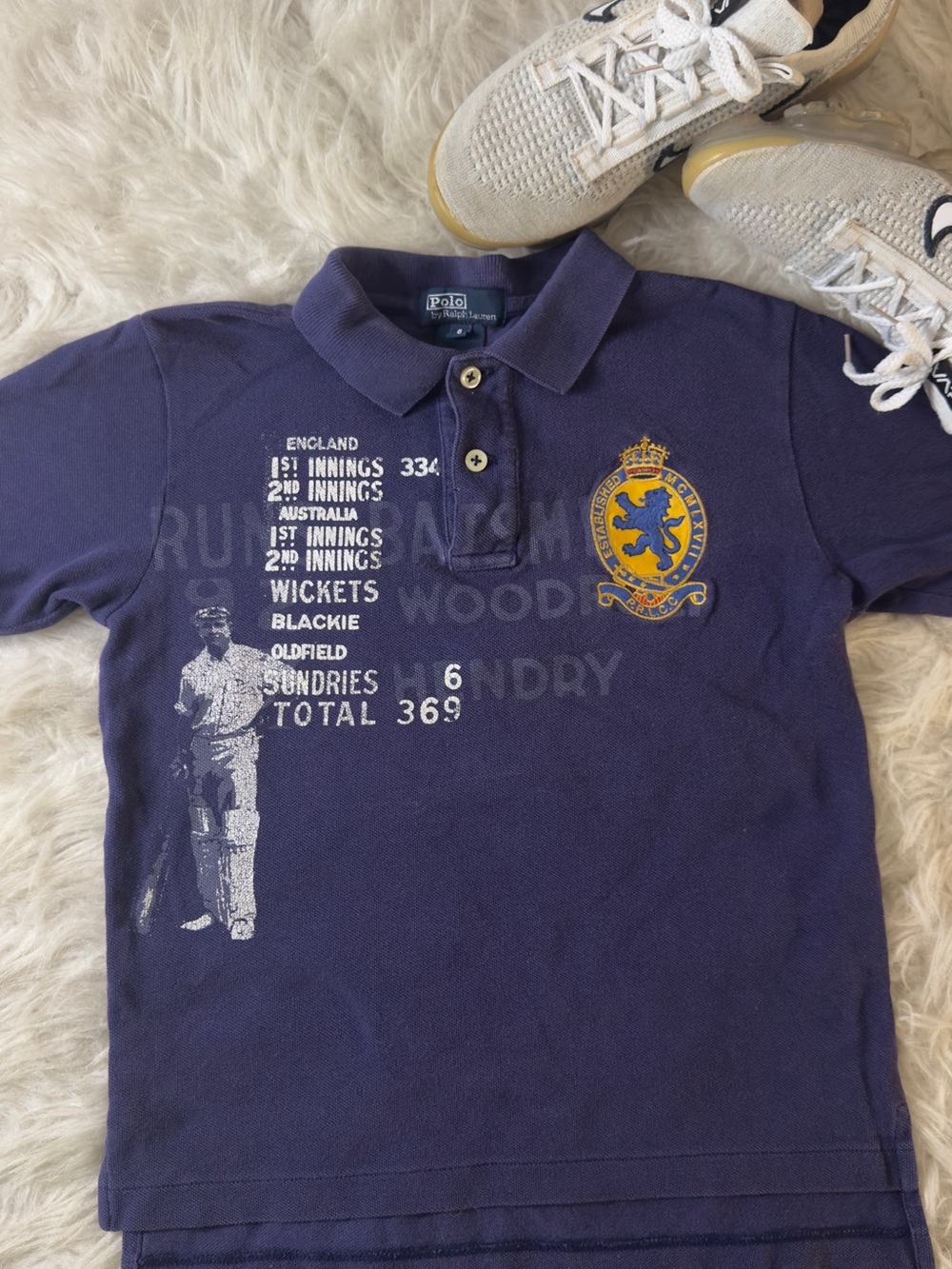 Polo by Ralph Lauren Navy Polo with Embroidered Crest and Print size:6 kids